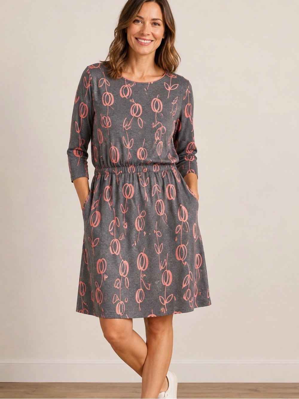 Boden women’s Jersey Dress Gray, Dusty Rose Color. Tulip Floral Pockets 14 Large